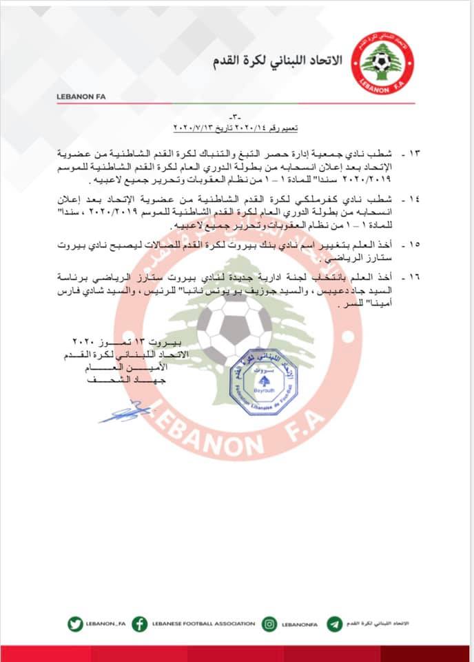 أبرز مقررات الإتحاد اللبناني لكرة القدم