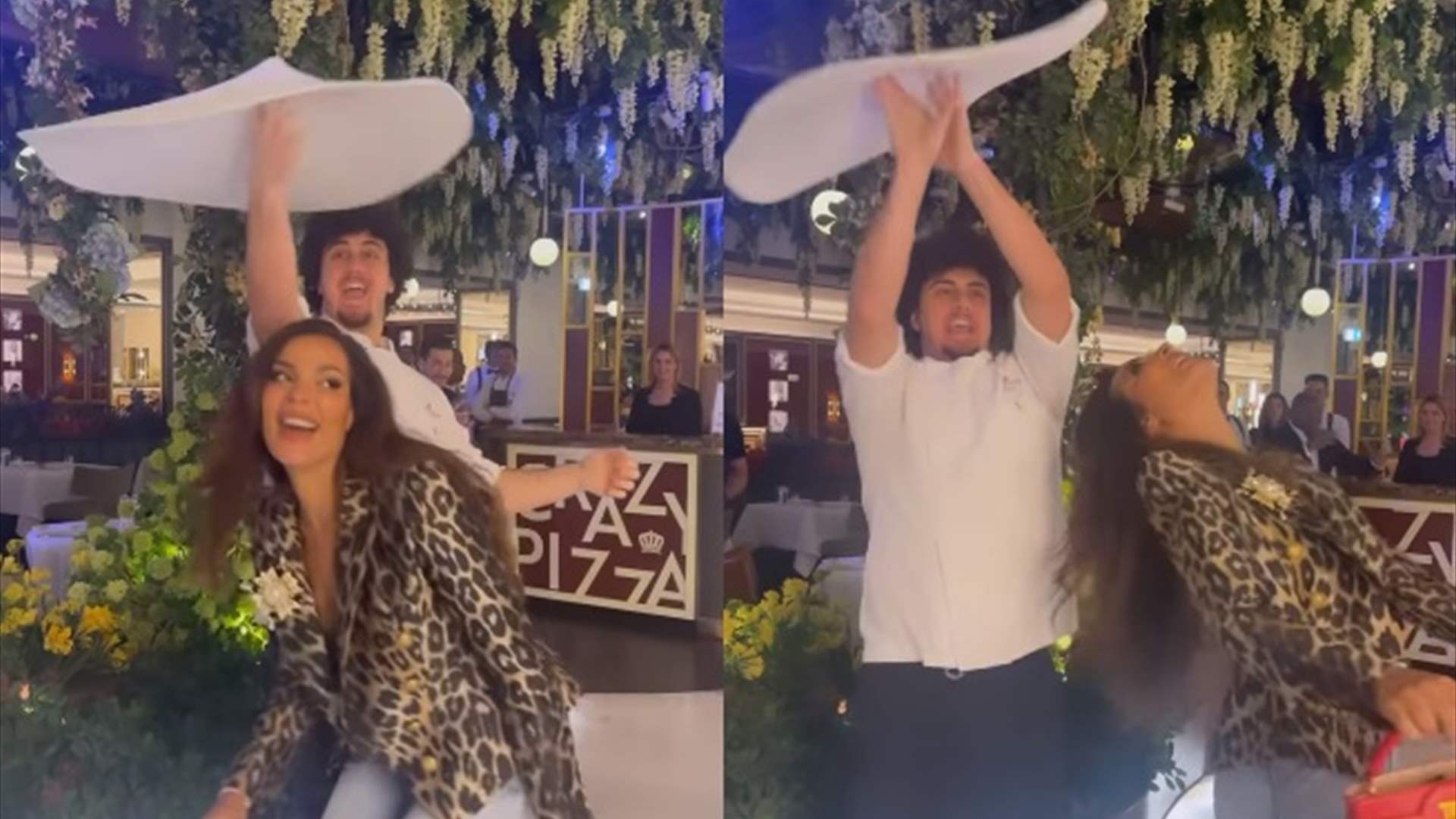نادين نسيب نجيم ترقص مع شيف المطعم وهو يحمل عجينة البيتزا (فيديو)