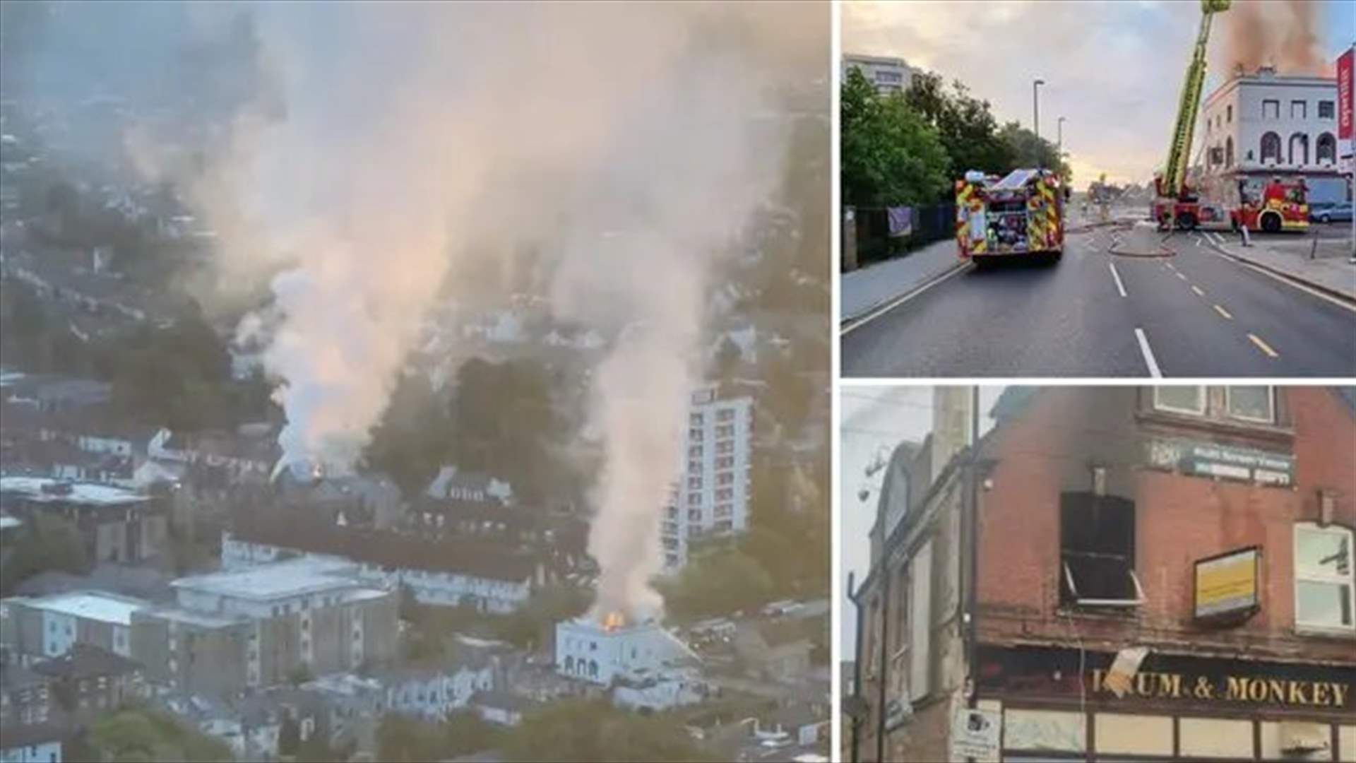 حريق هائل يلتهم حانتين مهجورتين في لندن... اندلع الأوّل قبل حوالي 15 دقيقة من اندلاع الحريق الثاني وهذا ما حصل! (فيديو)