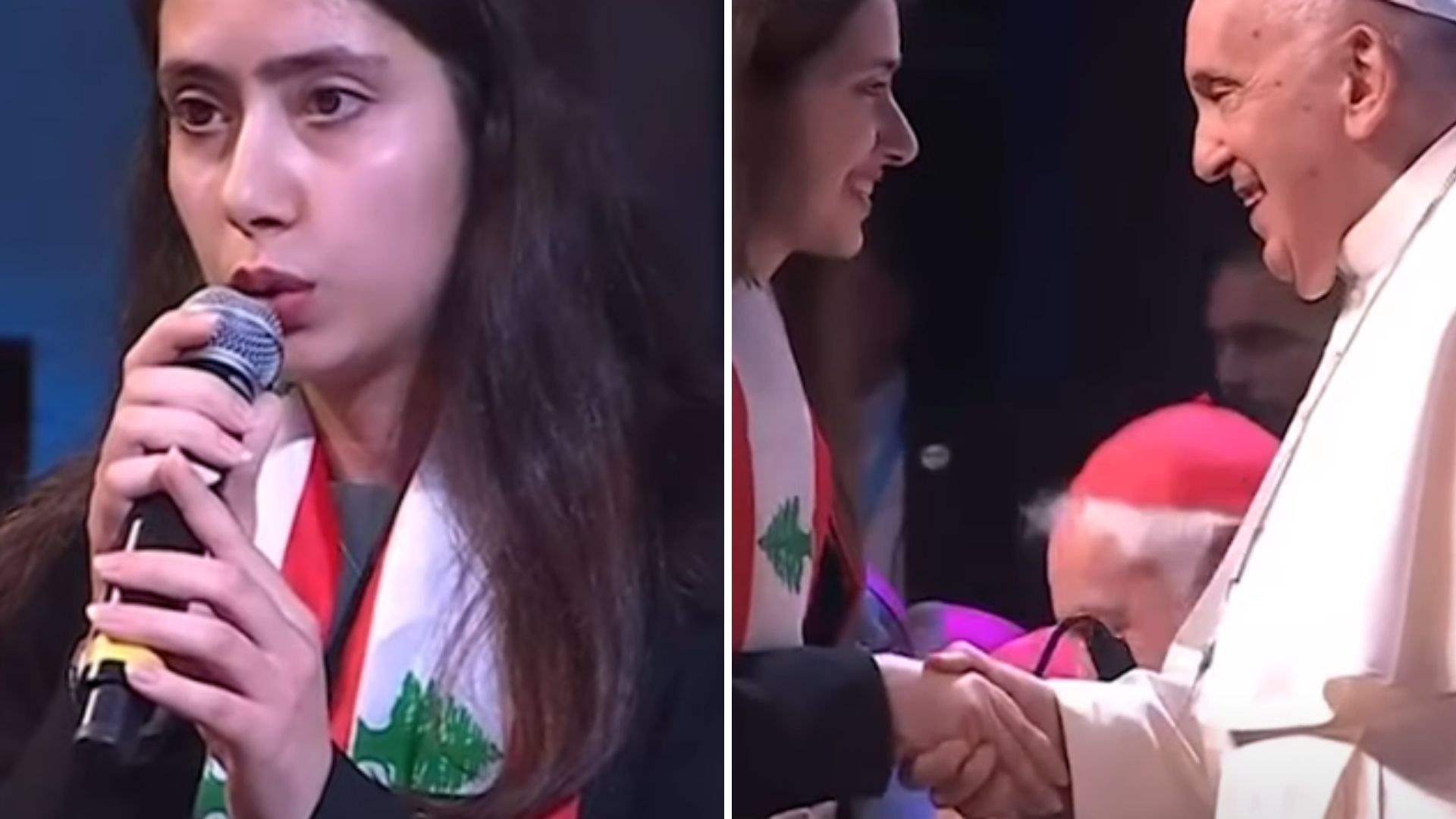 Young Lebanese Diana Abi Nader sings Syriac rite before Pope Francis in Marseille