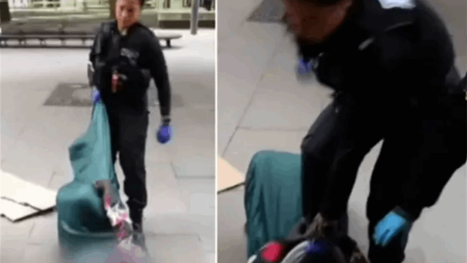 شرطية سحبت رجلاً بلا مأوى من كيس نومه وداست على بطنه... وهذا ما حصل! (فيديو)