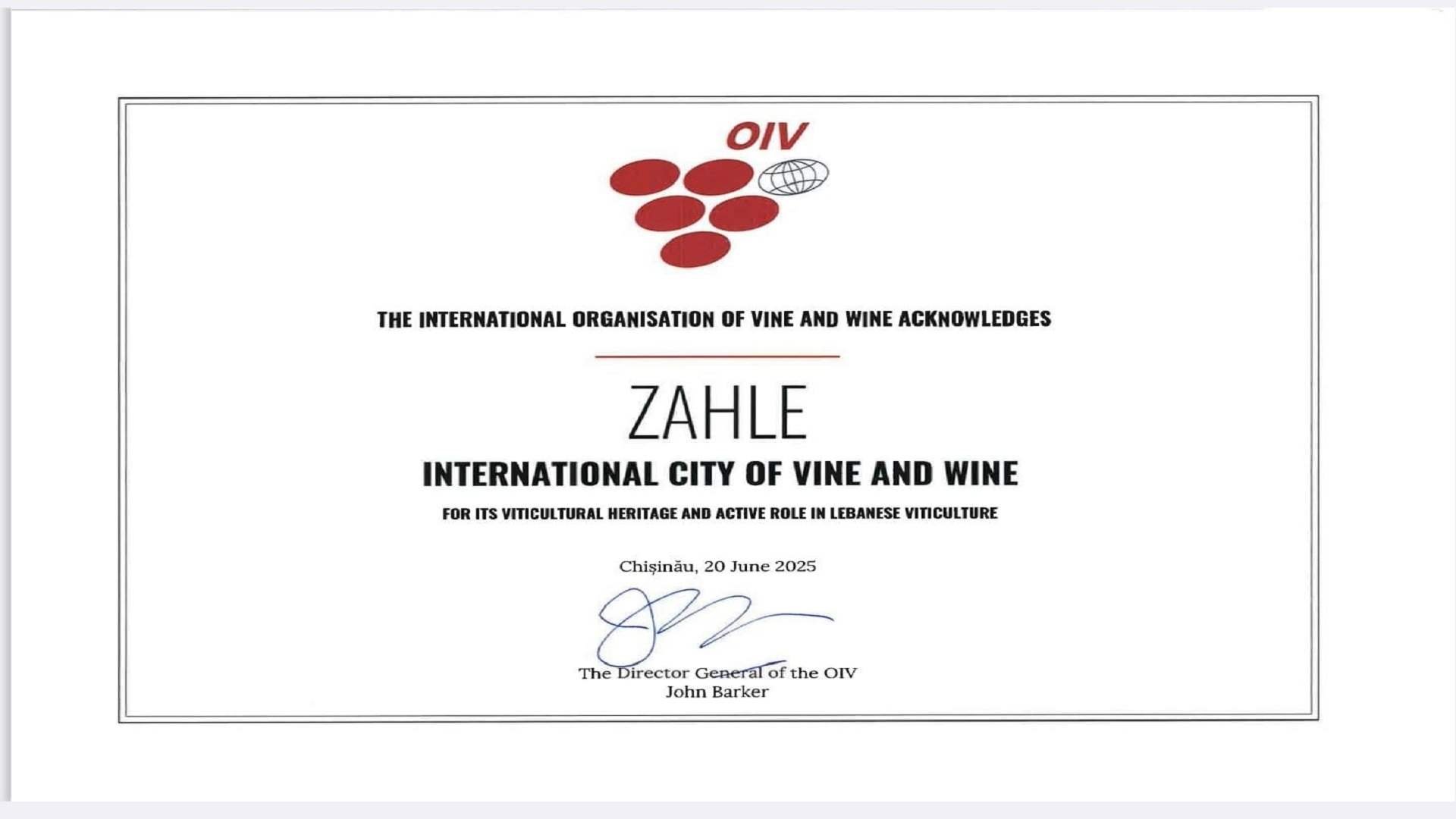 Zahle named &#39;&#39;World Wine City&#39;&#39; by International Vine and Wine Organization