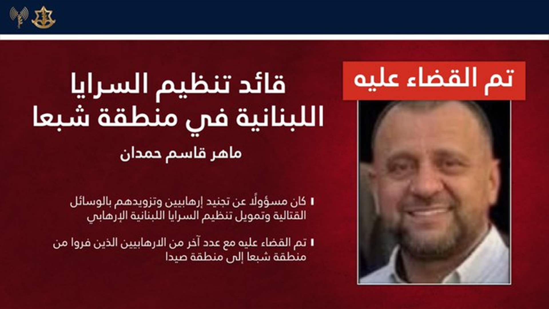 Israeli army: Lebanese Resistance Brigades leader killed in strike near Sidon