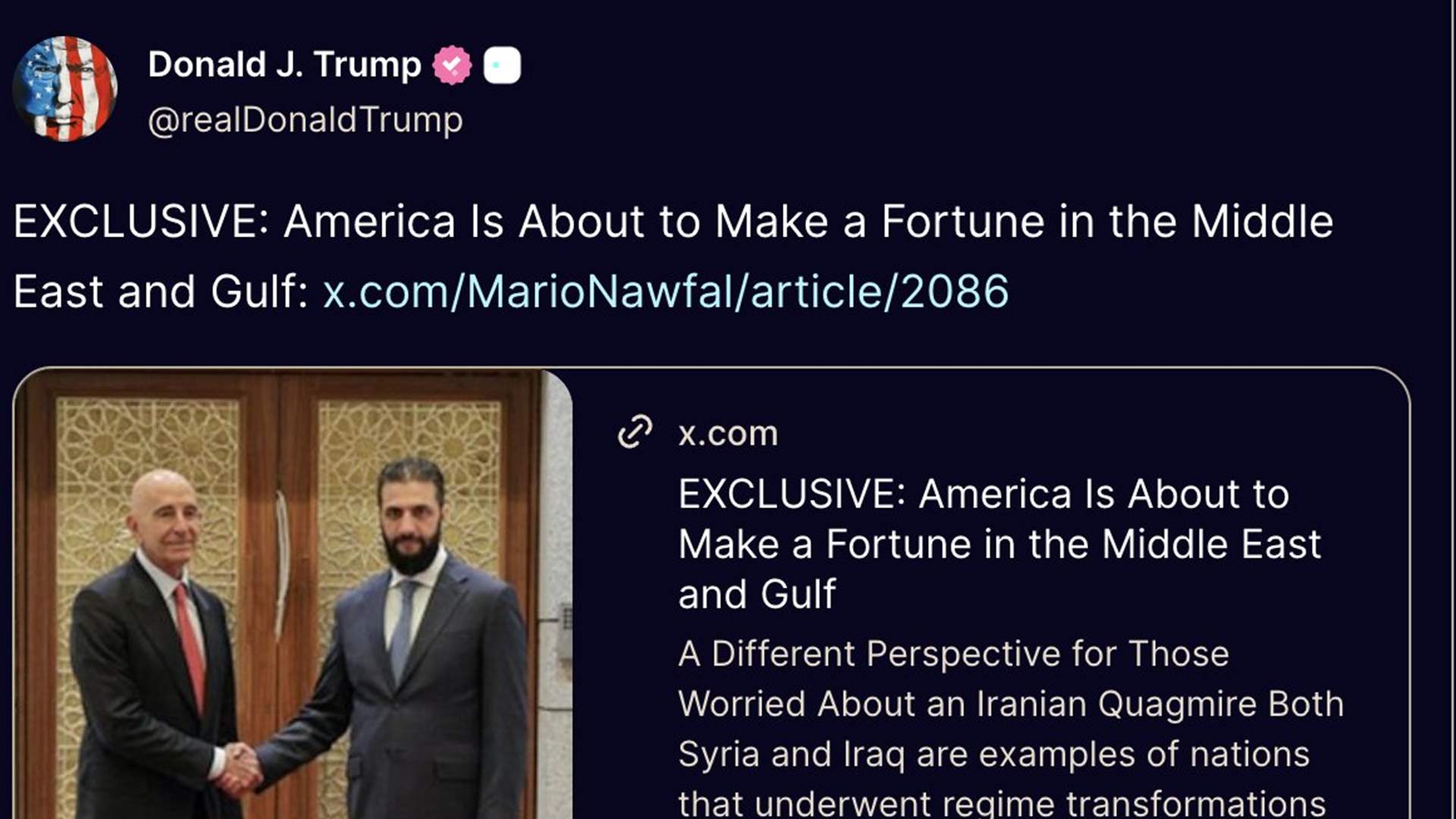 ترامب يعيد نشر منشور يدافع عن توم باراك: "أميركا على وشك جني الملايين في الشرق الأوسط والخليج"