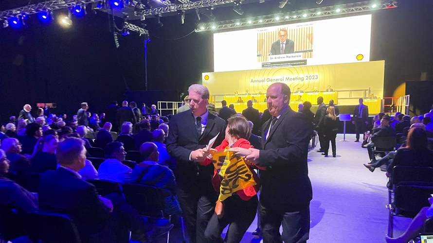 Shell CEO shielded by security as climate protesters try to storm shareholder meeting