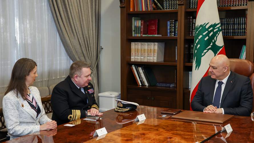 المستشار الأول في وزارة الدفاع البريطانية لشؤون الشرق الأوسط الأميرال إدوارد ألغرين أكّد للرئيس عون استمرار دعم بلاده للجيش اللبناني والجهوزية لاستكمال بناء أبراج المراقبة على الحدود