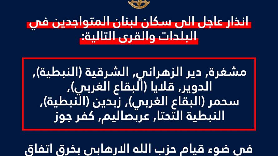 إنذار إسرائيلي عاجل إلى سكان 10 البلدات في الجنوب والبقاع