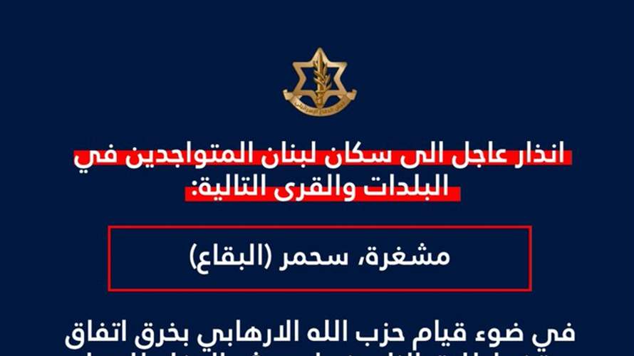 انذار إسرائيلي للمتواجدين في مشغرة وسحمر (البقاع)