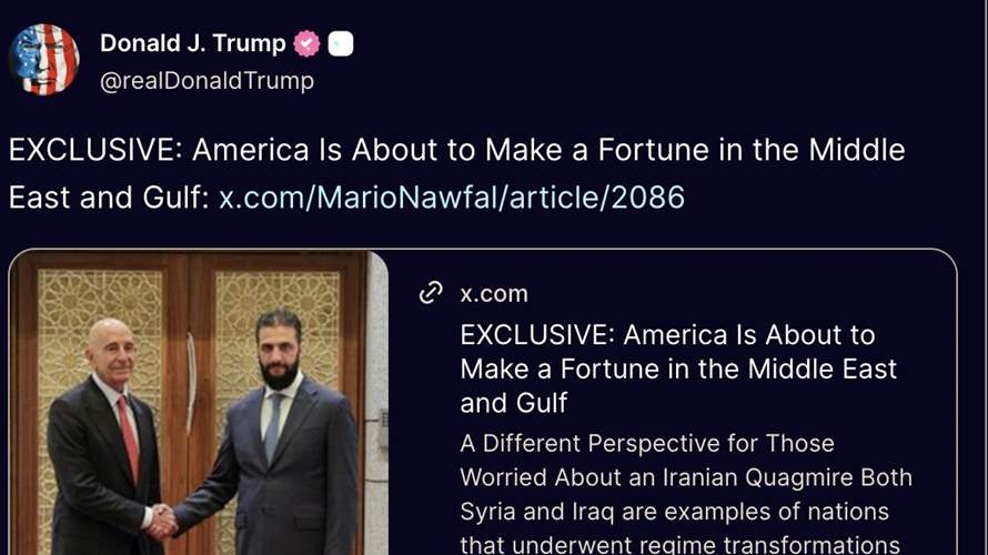 ترامب يعيد نشر منشور يدافع عن توم باراك: "أميركا على وشك جني الملايين في الشرق الأوسط والخليج"