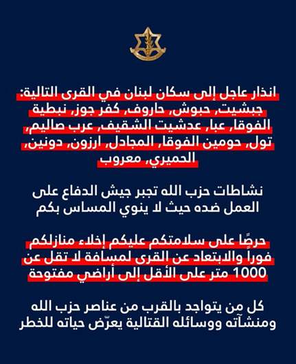انذار اسرائيلي جديد الى سكان 15 قرية جنوبية