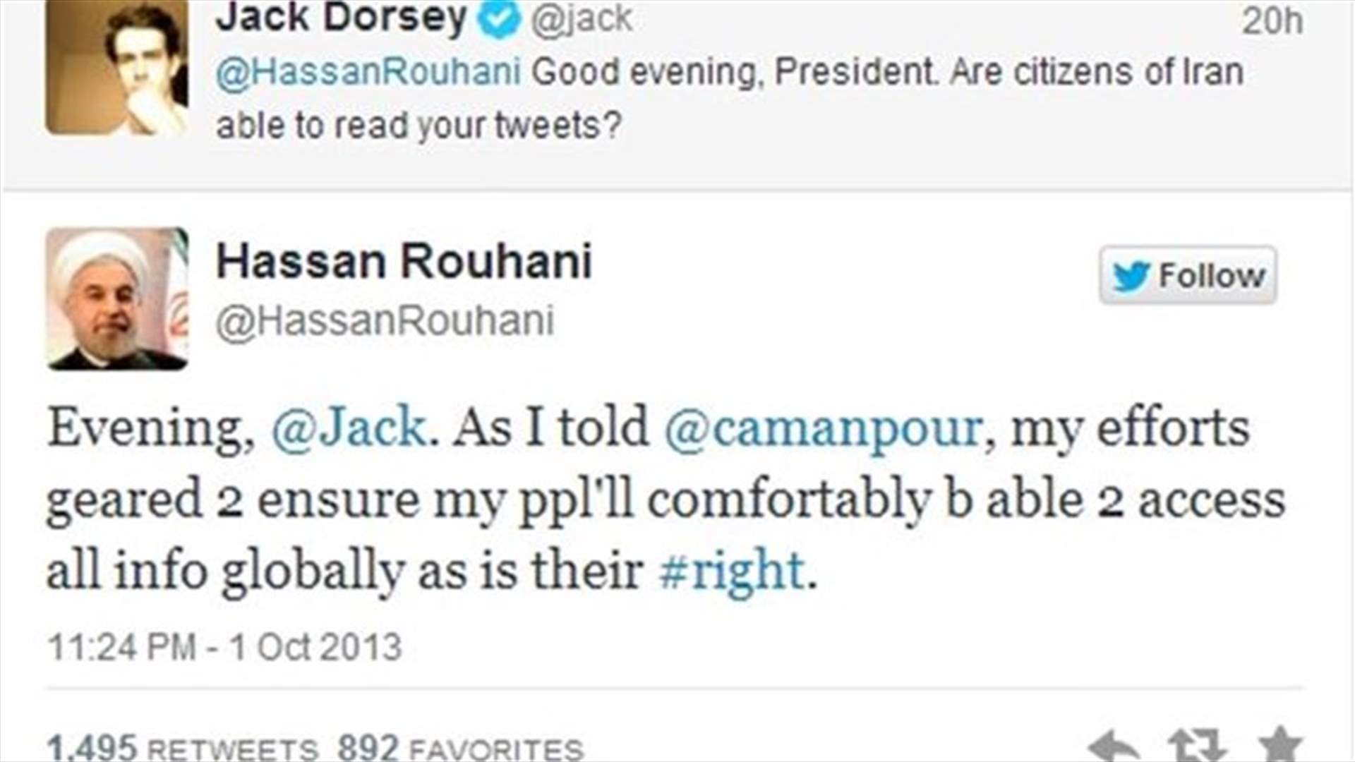 Twitter founder and Iran's President exchange tweets over internet freedom 