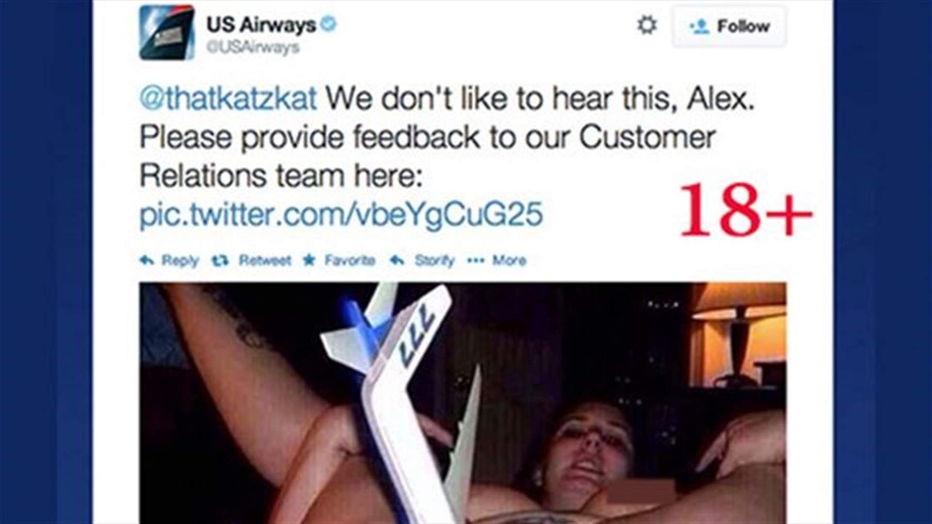 US Airways investigating pornographic tweet sent to complaining customer