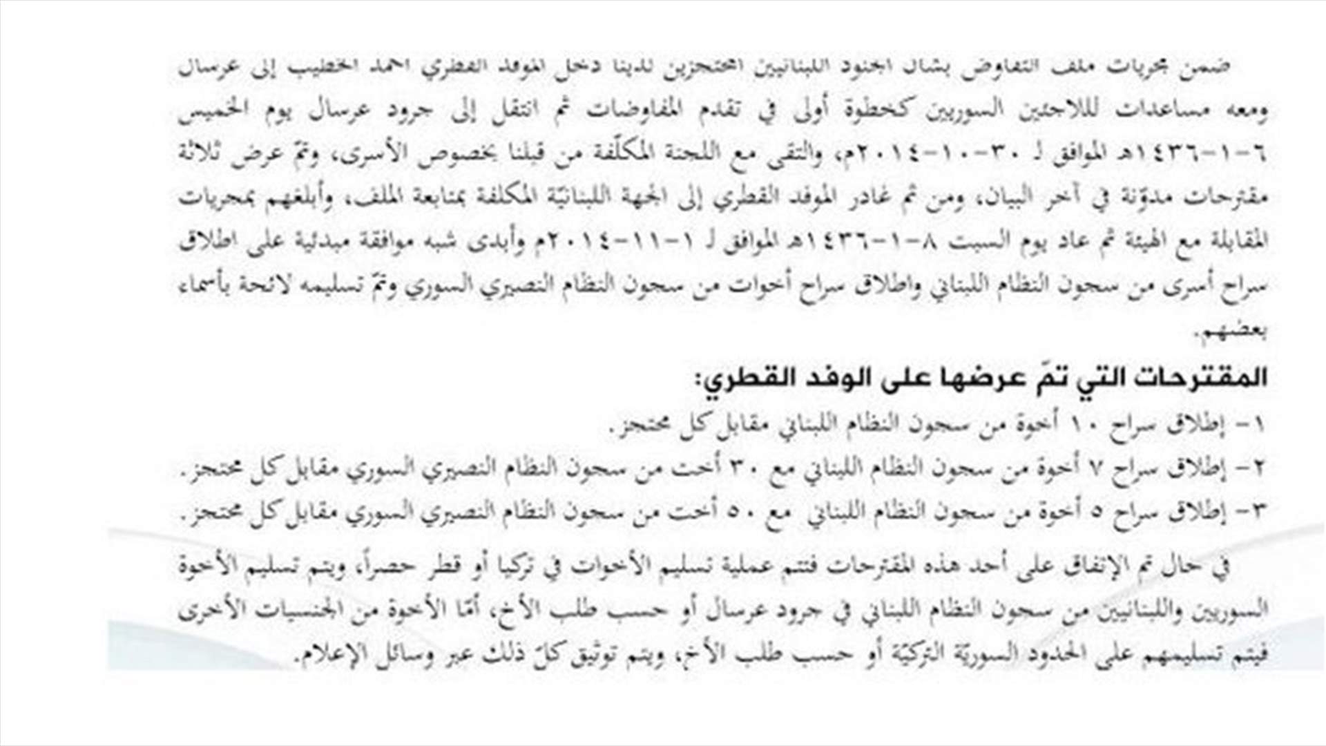 Al-Nusra: We handed Qatari envoy three proposals regarding swap deal