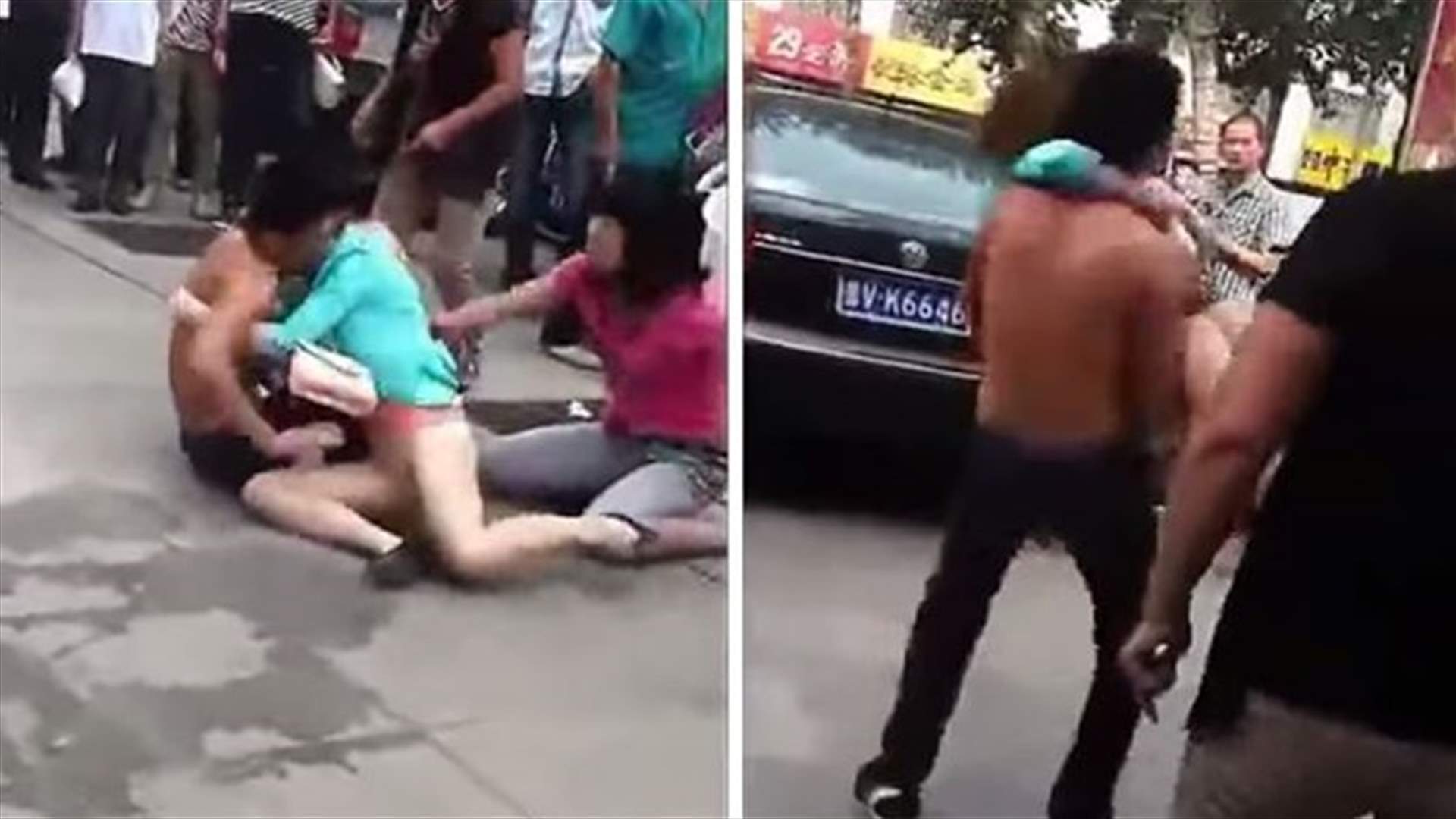 بالفيديو ... رجل يحاول انقاذ عشيقته من هجوم زوجته وابنته عليها في وسط الشارع 