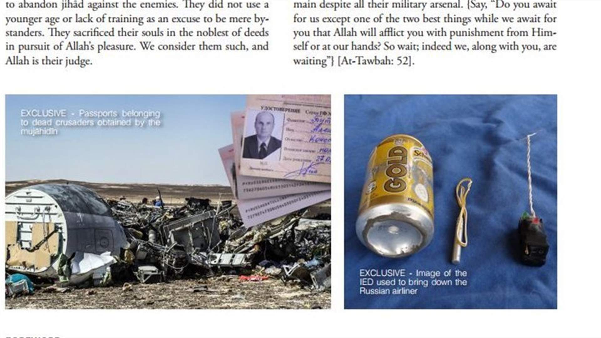 Islamic State shows photo of improvised Russian plane bomb
