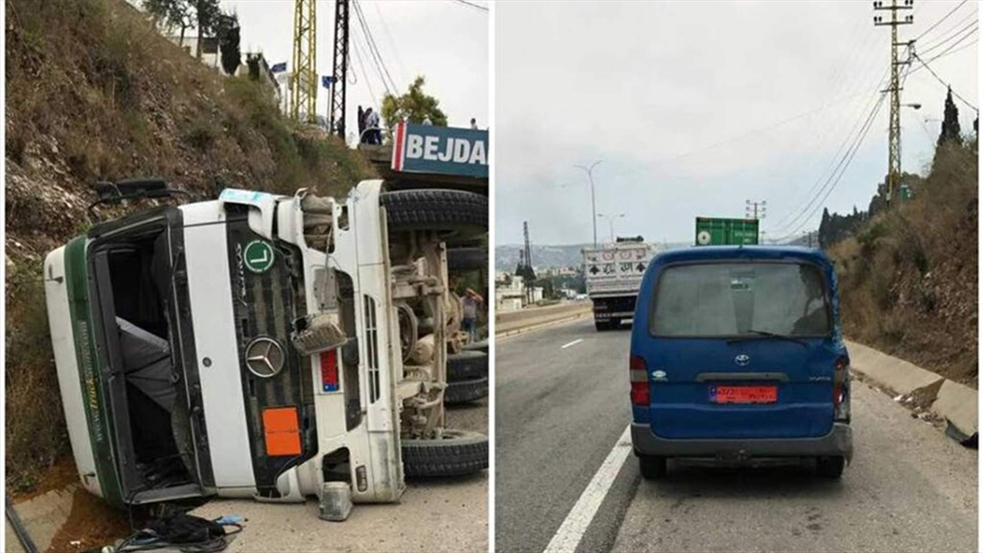 بالصورة - إنقلاب شاحنة على اوتوستراد البترون وسقوط جريحين
