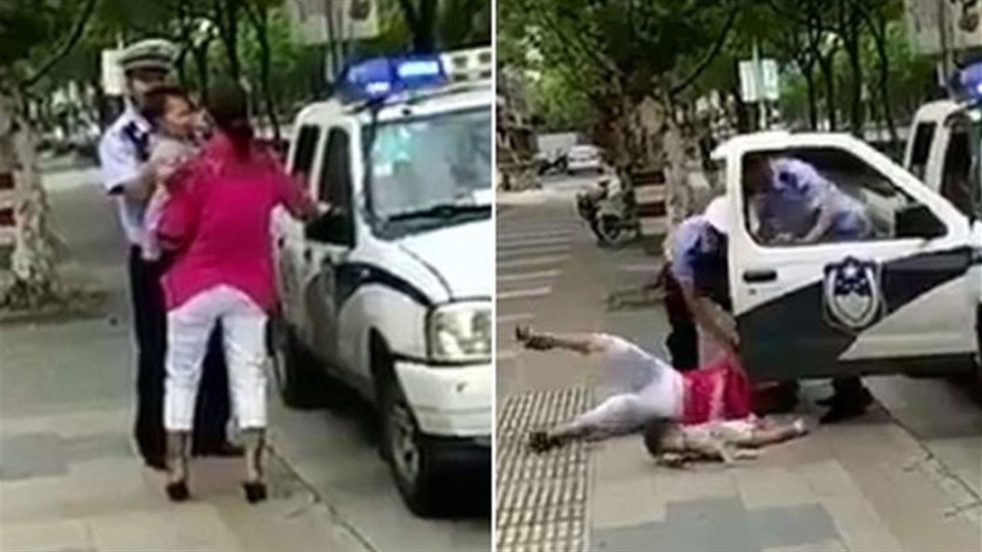 بالفيديو – ضابط يضرب امرأة بوحشية ويوقعها أرضاً مع طفلتها!