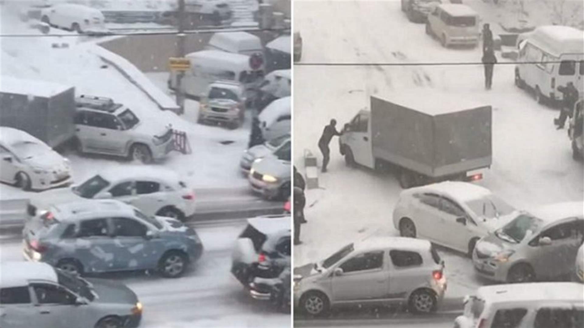 بالفيديو – حادث سير جماعي بسبب الثلوج!