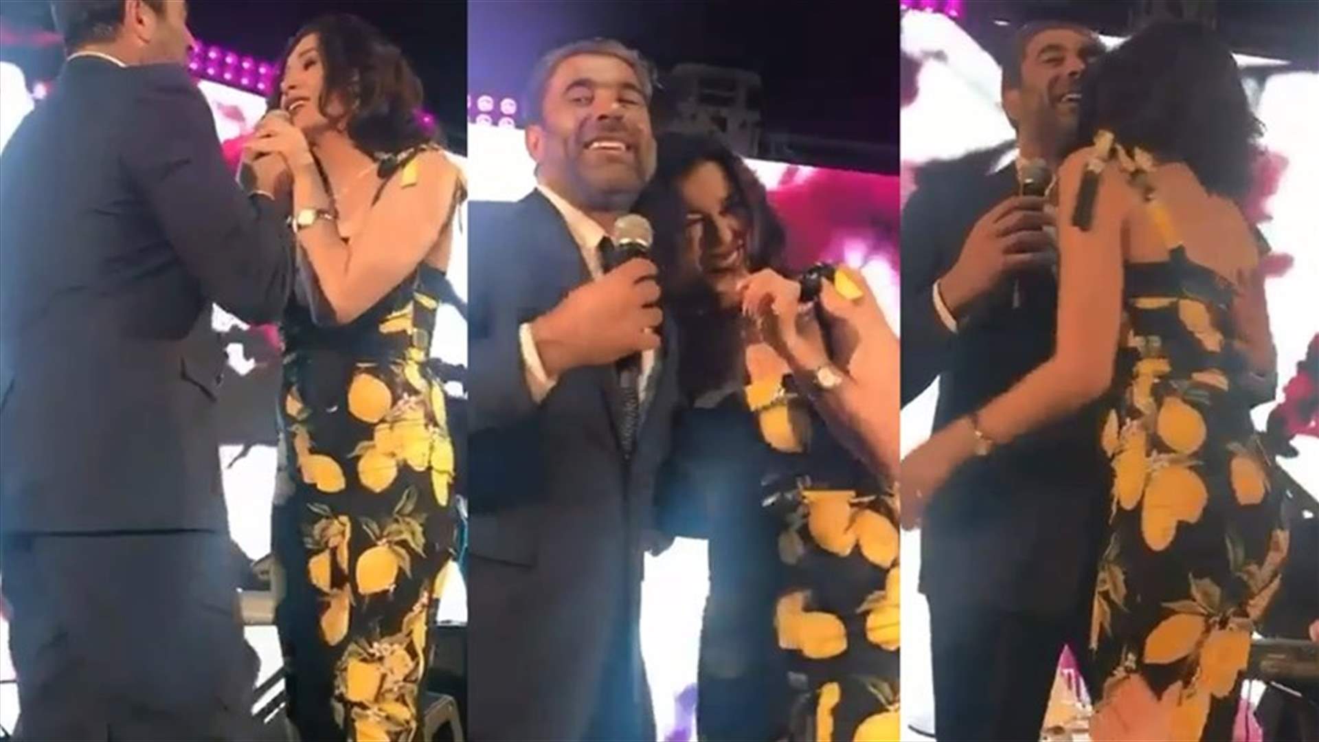 بالفيديو: قبلة وديو بين نادين الراسي ووائل كفوري على المسرح
