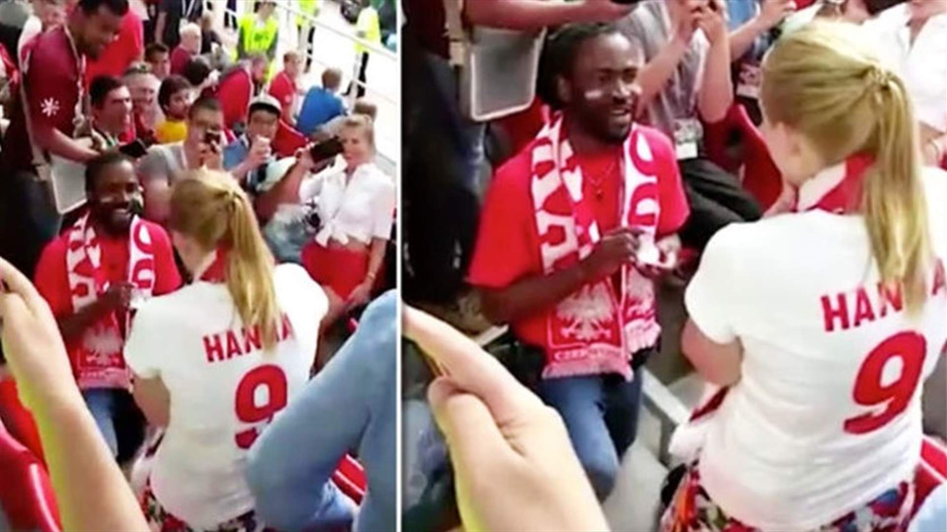 بالفيديو- طلب يد حبيبته خلال مباراة كأس العالم!