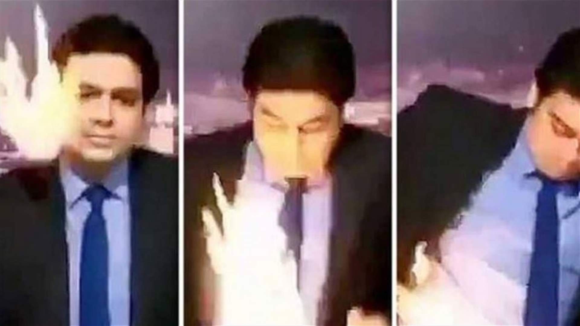 مذيع تلفزيوني يحترق مباشرة على الهواء (فيديو)