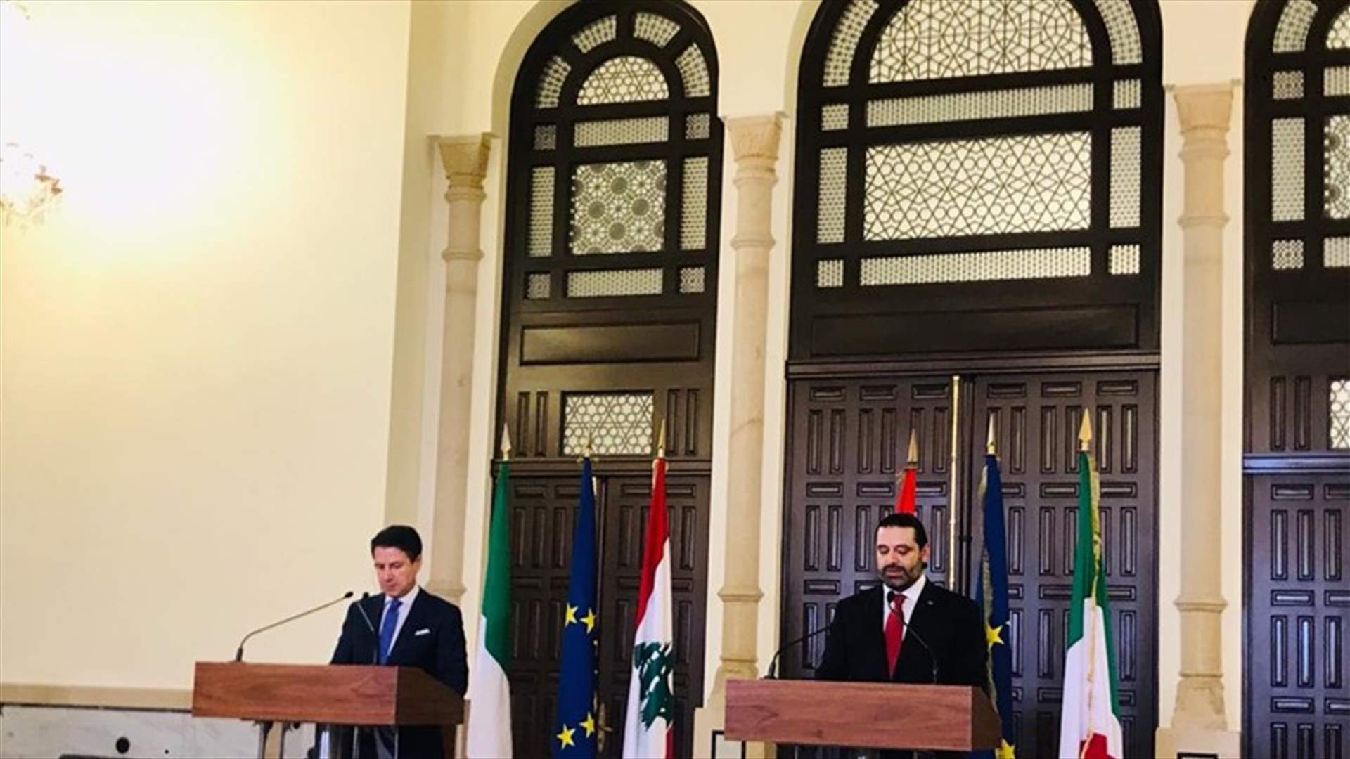 مؤتمر مشترك بين الحريري ورئيس الوزراء الإيطالي... كونتي: ايطاليا بجانب المؤسسات في لبنان