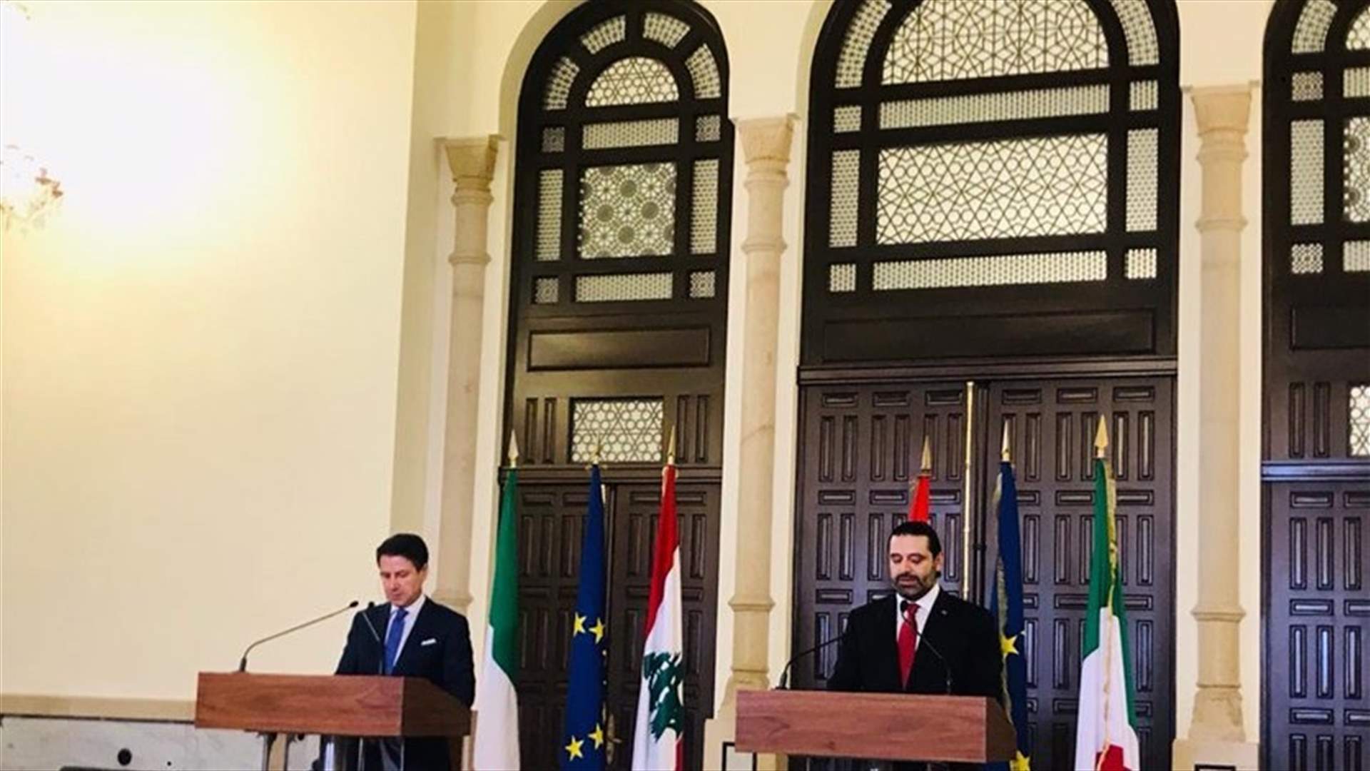Joint press conference between Hariri and Italian counterpart; Conte says Italy stands by institutions in Lebanon