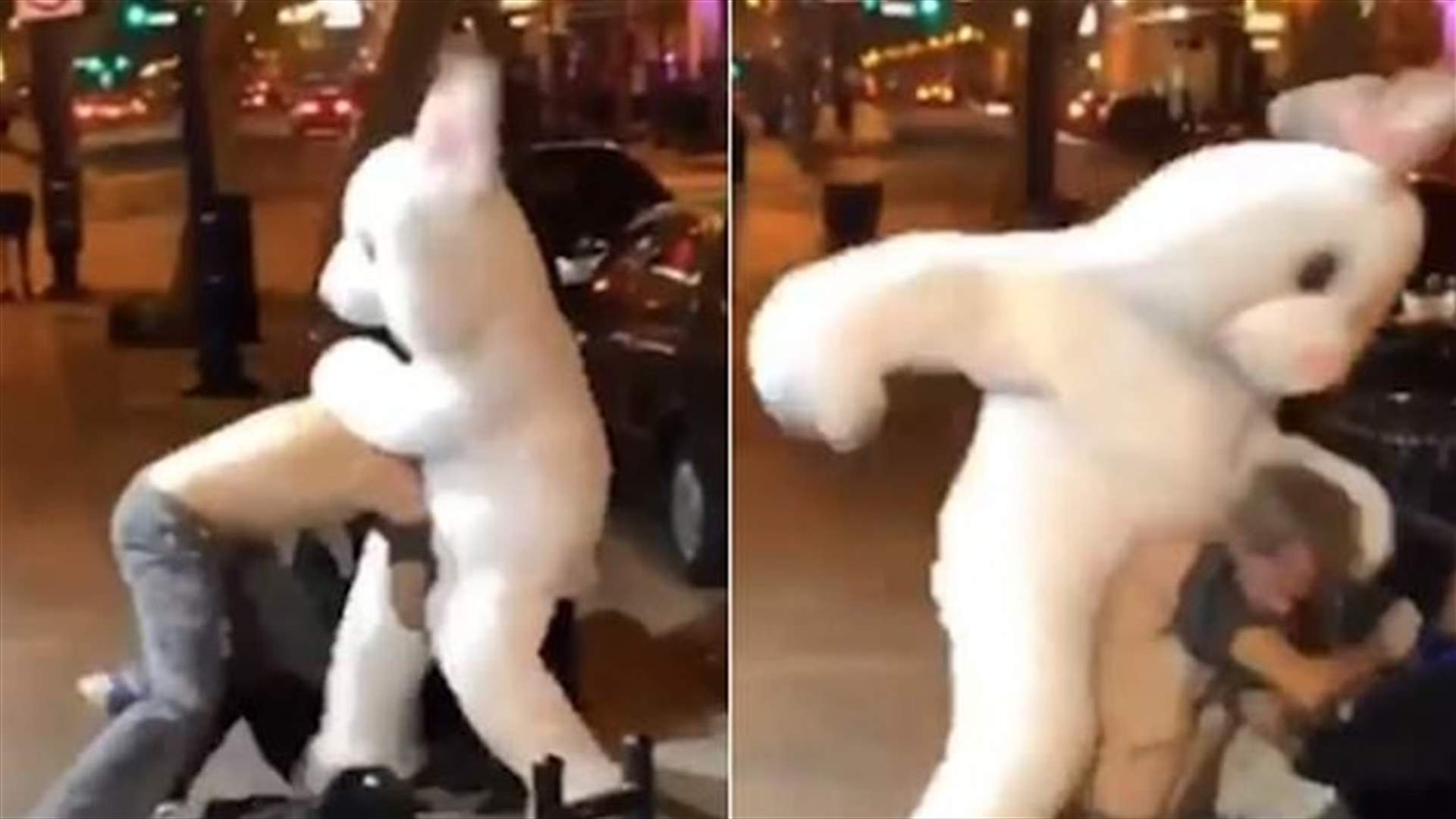 "أرنب عيد الفصح" يلّقن رجلاً هاجم امرأة في الشارع درساً لا ينسى (فيديو)