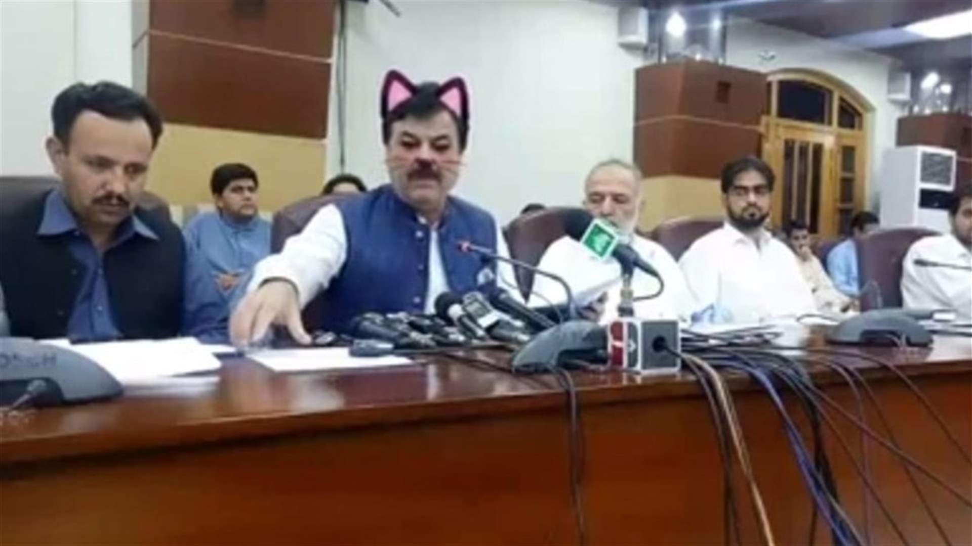 &quot;فلتر القطة&quot; على وجه وزير خلال مؤتمر صحفي يثير موجة سخرية