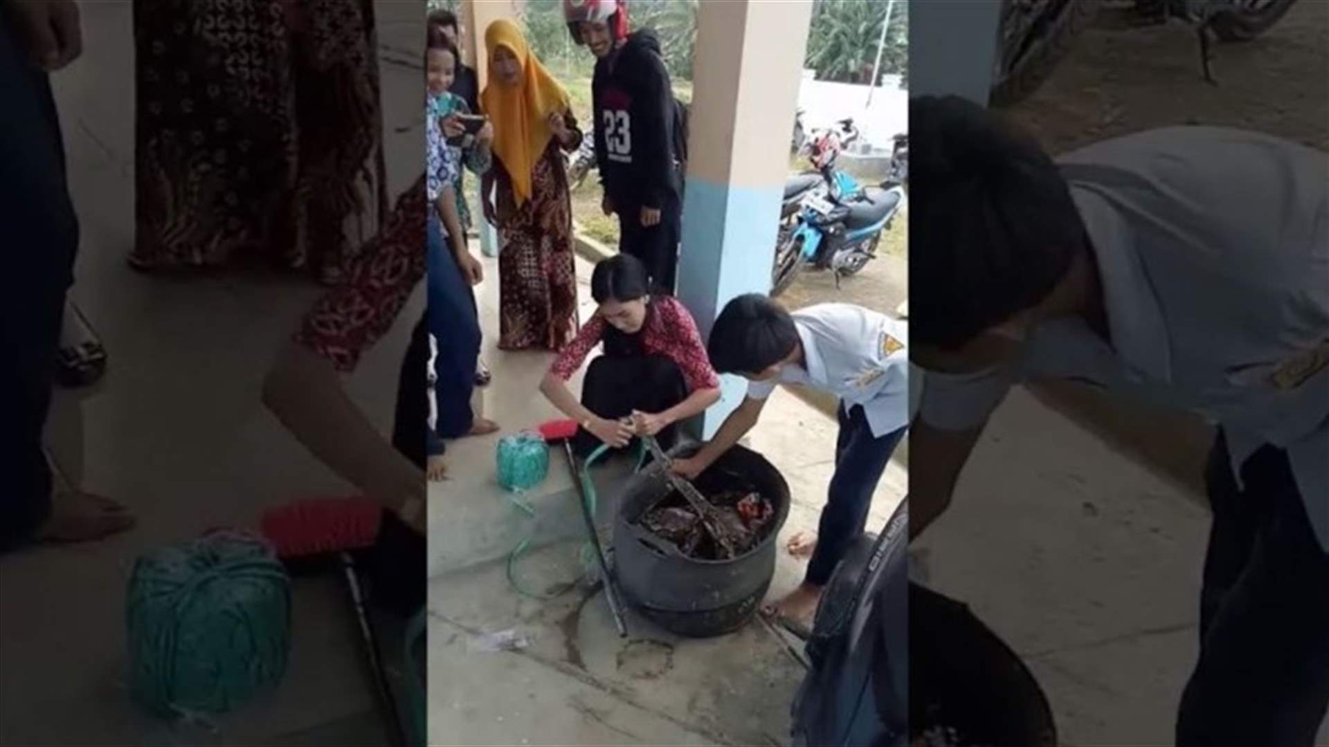 معلّمة تمسك بيديها ثعباناً طوله ثلاثة أمتار تسلل الى الصّف (فيديو)