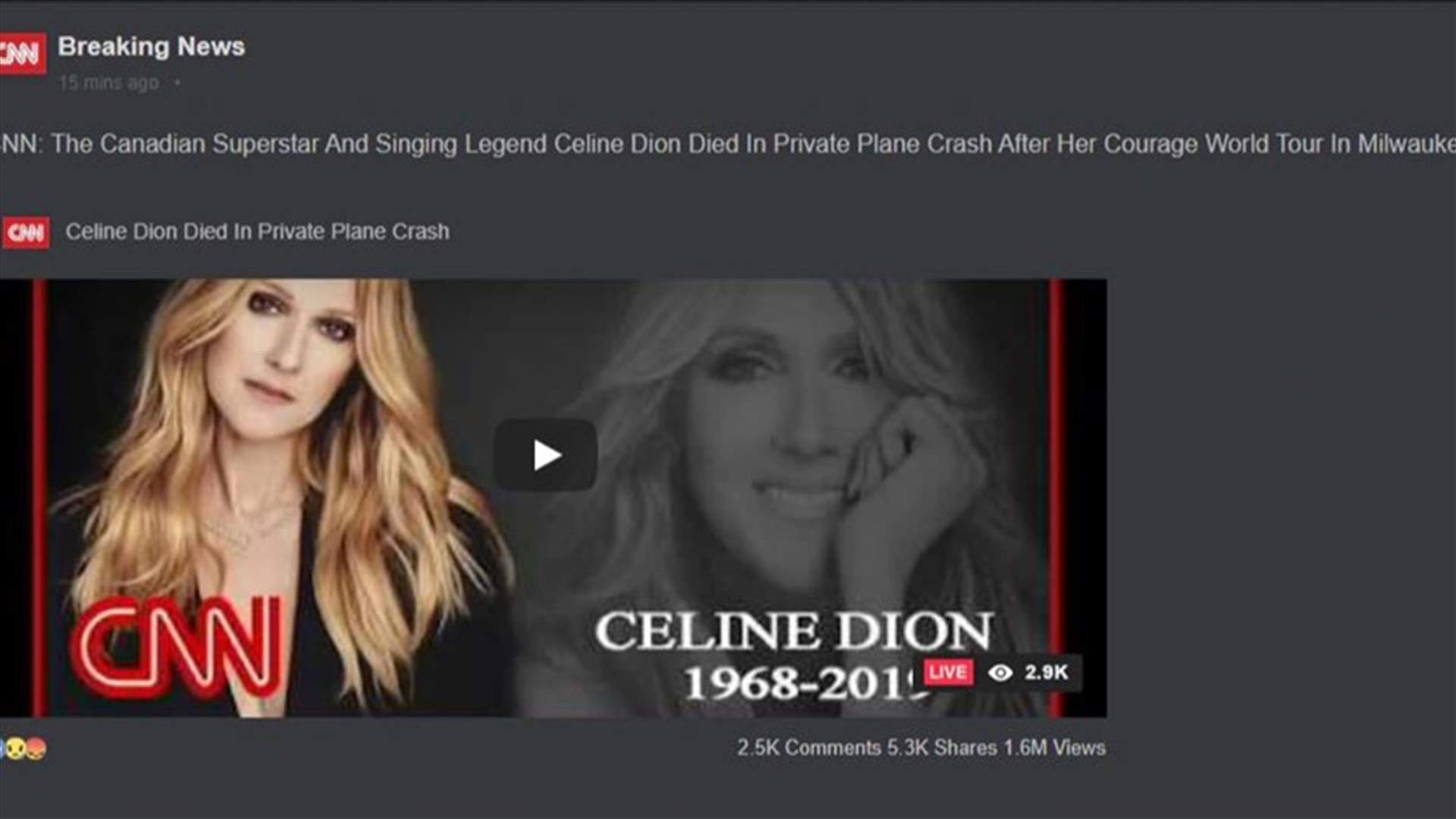خبر وفاة سيلين ديون بتحطّم طائرة يثير هلع محبّيها.. ما حقيقة المعلومات المنسوبة إلى CNN؟