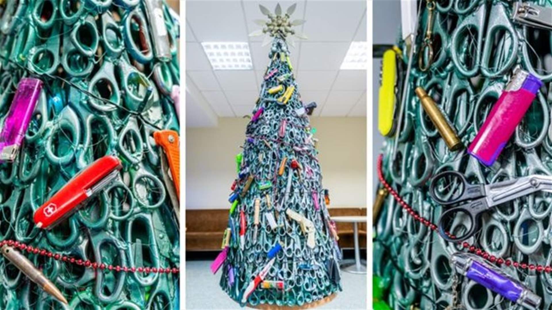 &quot;أغرب شجرة لعيد الميلاد في العالم&quot;... مصنوعة من السكاكين وبقايا الرصاص في مطار ليتوانيا  (صور)