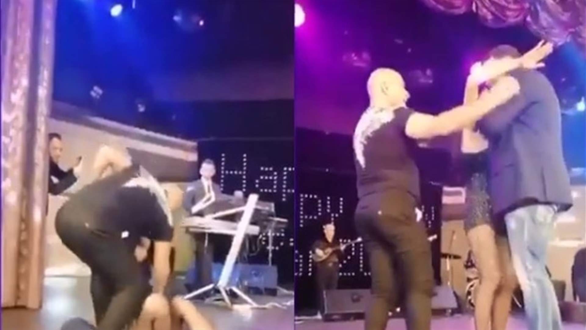 حسناء أرادت إحتضان عامر زيان.. فأوقعها حبيبها أرضاً على المسرح (فيديو)