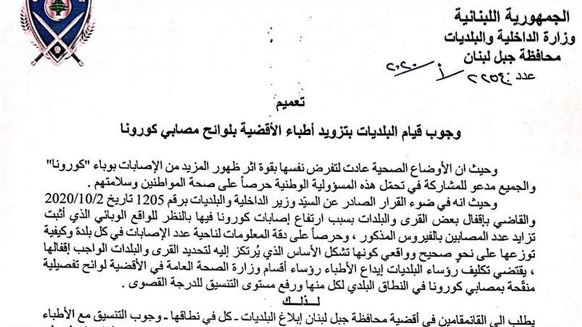 تعميم لمحافظ جبل لبنان: على البلديات تزويد أطباء الأقضية بلوائح مصابي كورونا