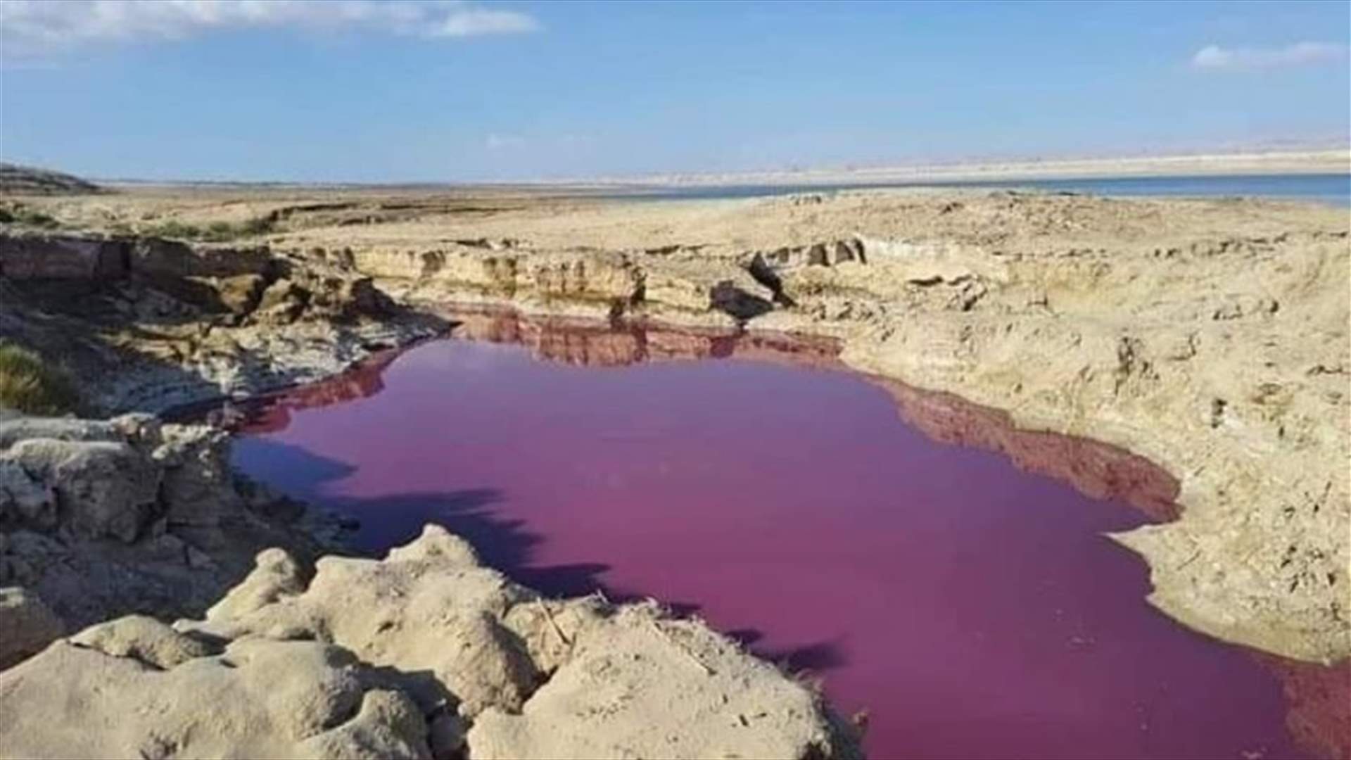 في الأردن... ظهور برك مياه حمراء اللون مجهولة المصدر قرب البحر الميت (صور)