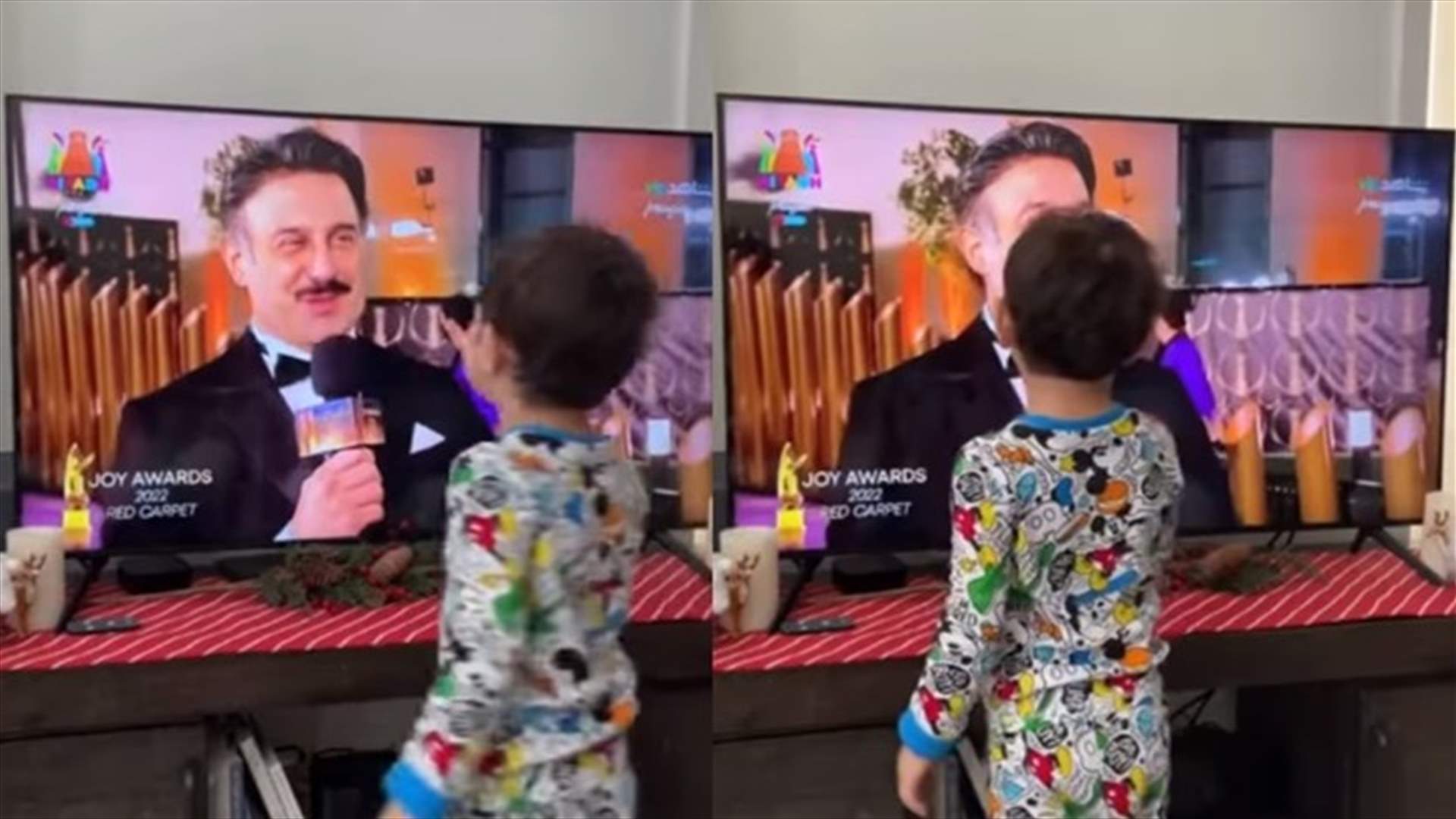 ابن قصي خولي يتفاجأ بوالده على التلفزيون... وردّ فعله يأسر القلوب (فيديو)
