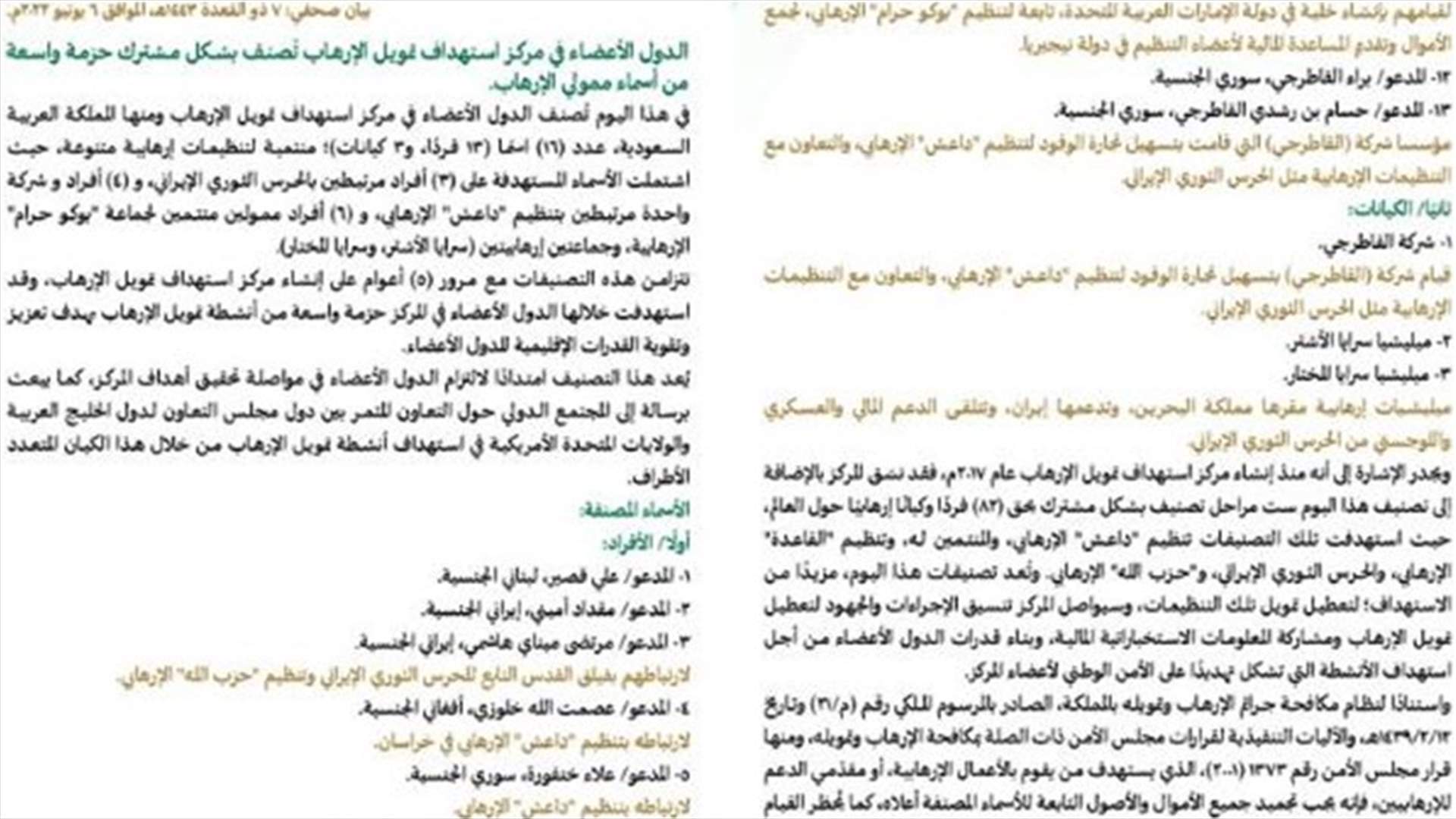 عقوبات على أفراد وكيانات بتهمة &quot;تمويل الإرهاب&quot;.. بينهم لبناني