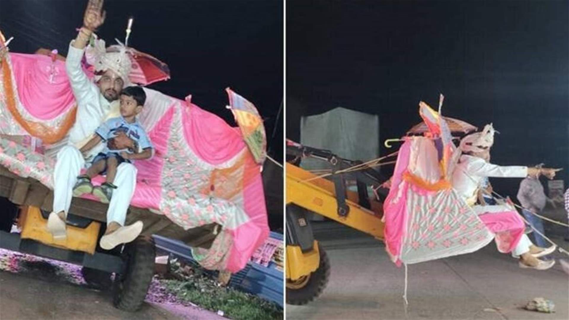 بدلاً من الحصان أو السيارة... عريس يختار ركوب الجرافة في موكب الزفاف! (فيديو)