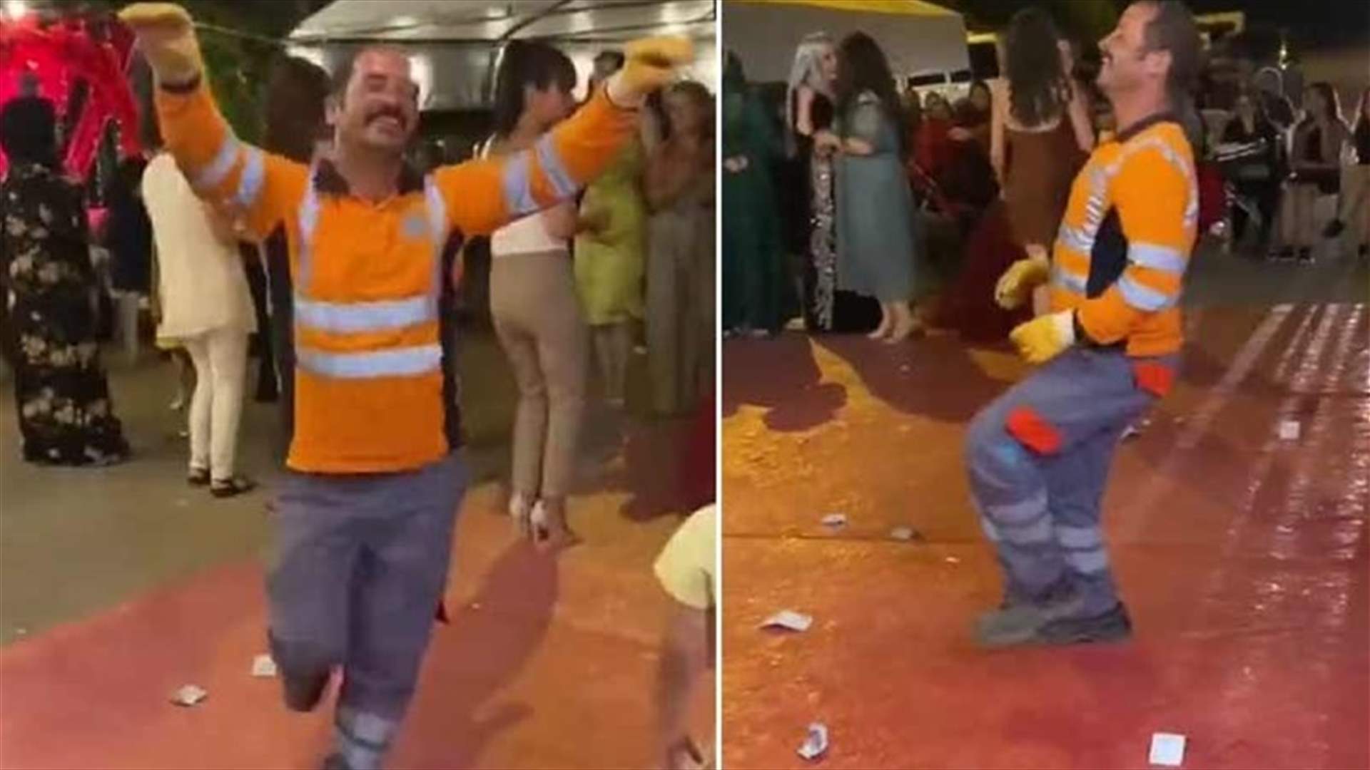 عامل نظافة يقتحم حفل زفاف ويرقص... فيديو يوثق المشهد في الشارع