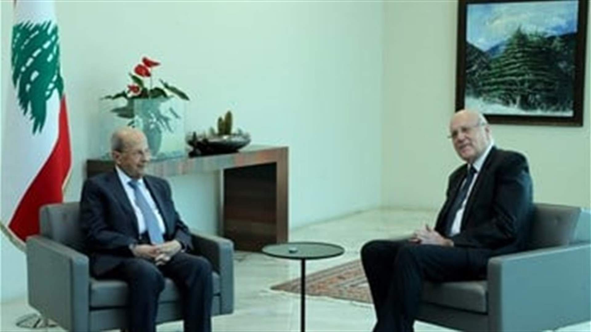 President Aoun meets with Caretaker PM Mikati in Baabda