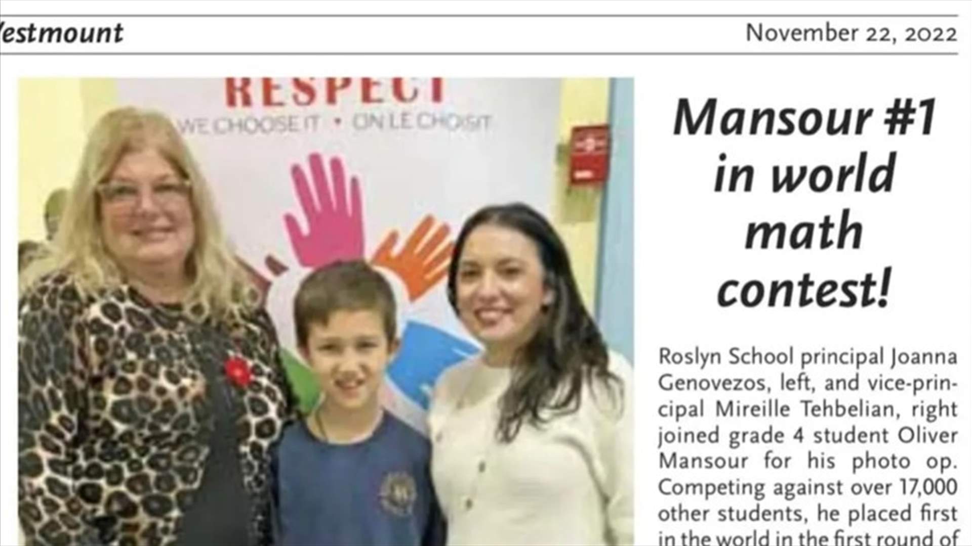 Young Lebanese Oliver Mansour won 1st internationally in mathematics competition