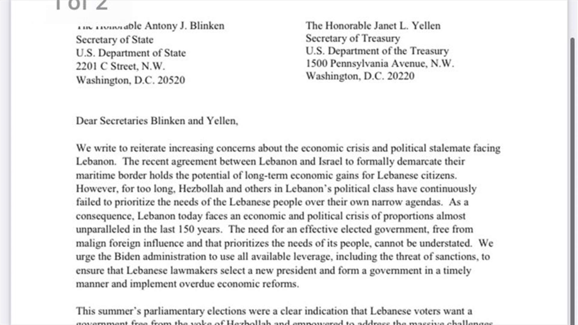 US lead Senator Mendez and ranking member Risch ask Biden administration to use sanctions to pressure Lebanese politicians