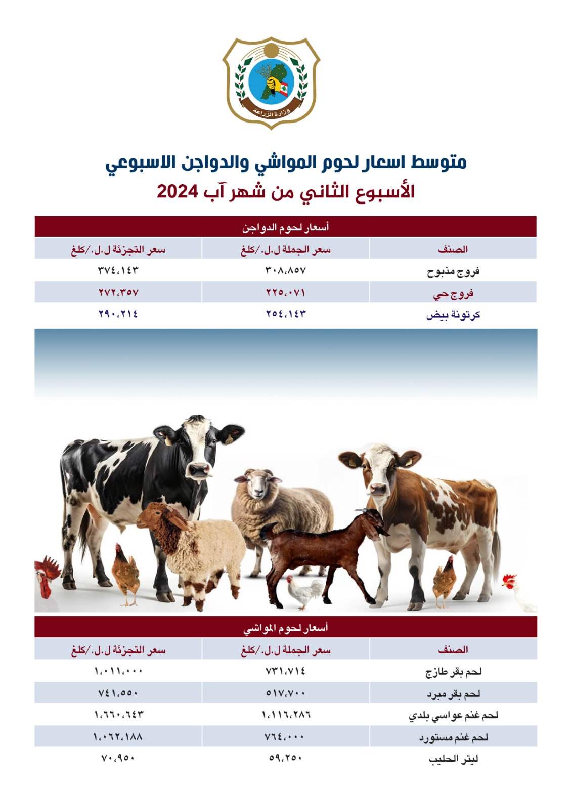 وزارة الزراعة نشرت متوسط أسعار الجملة والتجزئة للحوم والخضار والفاكهة والحليب في الأسبوع الثاني من آب