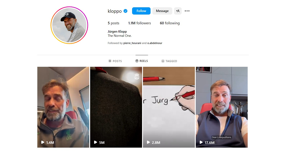 عشية مباراته الأخيرة مع ليفربول... المدرب يصل لمليون متابع على إنستغرام خلال ساعات!